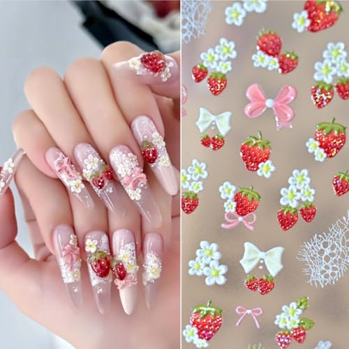 Image of Strawberry Nail Stickers Cute Nail Decals Flower Nails Art Stickers with Bow Design 5D Embossed Self Adhesive Nails DIY Charms for Women Manicure Decoration Supply