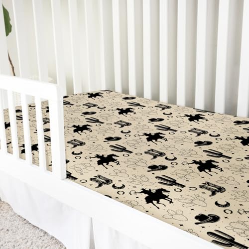 Image of Vintage Western Cowboy Baby Crib Sheets 52''x28'' Cowboy Horse Boots Hat Cactus Moon Snug Fitted Crib Mattress Cover for Boy Girl Wild Plants Soft Baby Bed Sheet for Standard Crib Toddler Mattress