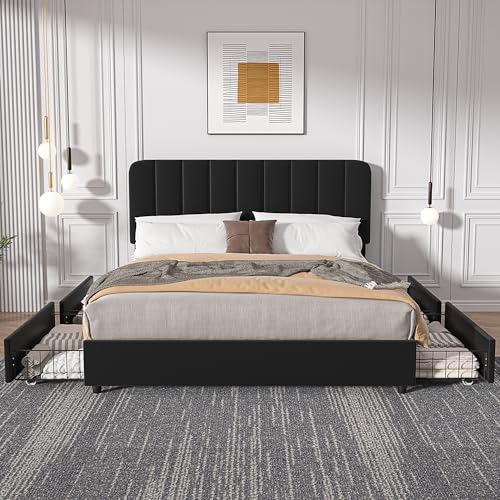 Vecelo QUEEN UPHOLSTERED BED FRAME WITH DRAWERS Queen Size Upholstered Bed Frame With 4 Drawers And Adjustable Headboard thumb #2