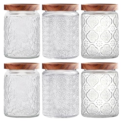 yoqelt Vintage Glass Jars with Wooden Lids, 6 Pack 24 oz Airtight Glass Food Storage Containers Sets for the Kitchen, Sugar Coffee Candy Spice Cookie Tea Pasta