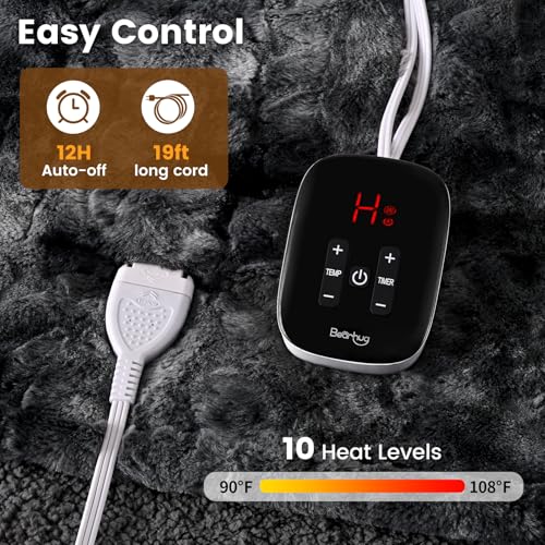 Image of Bearhug Heated Blanket Full Size 77 inchx 84 inch, Marble Black Electric Blanket, Reversible Faux Fur & Sherpa, 10 Heating Levels & 1-12H Auto Off, Over-Heat Protect, ETL, Washable Heated Blanket