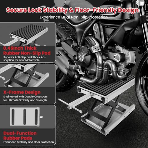 Image of 1300 LBS Motorcycle Jack, Thickened 0.48 inch Rubber Pad Motorcycle Lift, Upgraded Anti-Slip Bottom Dirtbike Stand, Carbon Steel Motorcycle Center Stand with Wide Deck, Chain Brush, T-Handle for ATV Gray