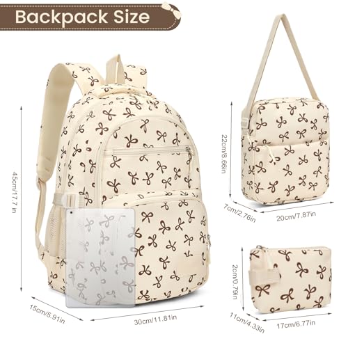 Image of Coquette Bow Backpack - Cute Kawaii Backpack Set Aesthetic Daypack Bow Rucksack (A05 Bow Beige)