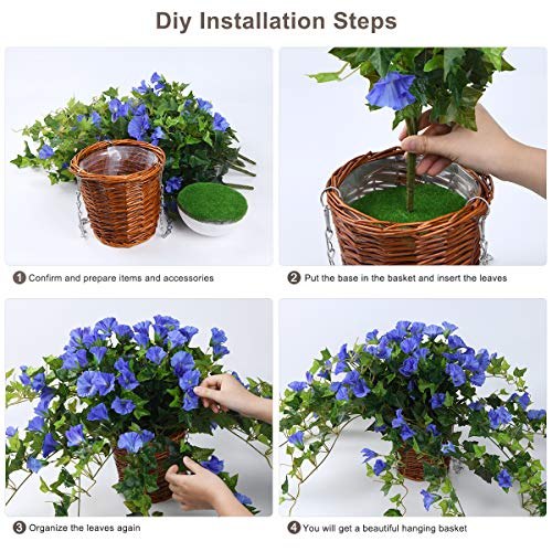 Hanging Basket With Artificial Vine Silk Petunias Flower For Outdoor/Indoor,Artificial Hanging Plant In Basket,Morning Glories Coconut Lining Basket Hanging Plant For Patio Lawn Garden Decor (Blue) #TOP4