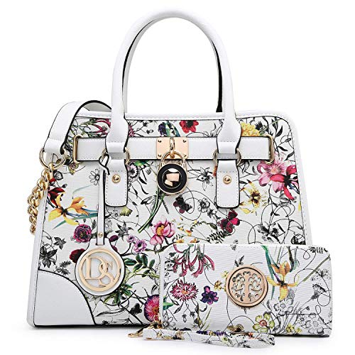 Fashion Women Satchel Handbags PU Leather Top Handle Tote Purse Chain Shoulder Bag with Wallet 2 Pcs Set (White Flower)