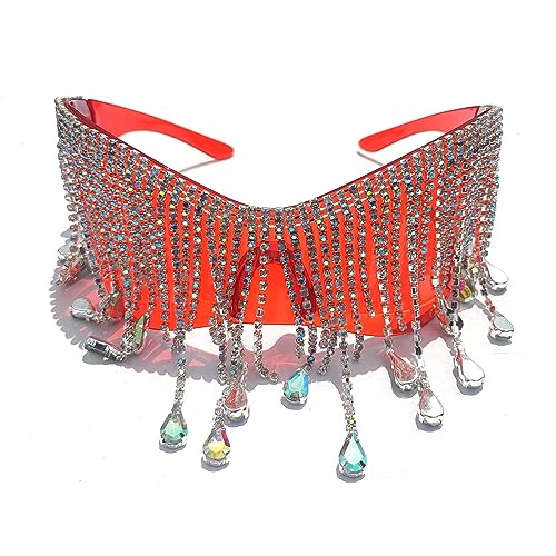 helena Wrap Around Y2K Rimless Sunglasses for Women Men Oversized Trendy Rhinestone tassel Sun Glasses Visor Shield Shades