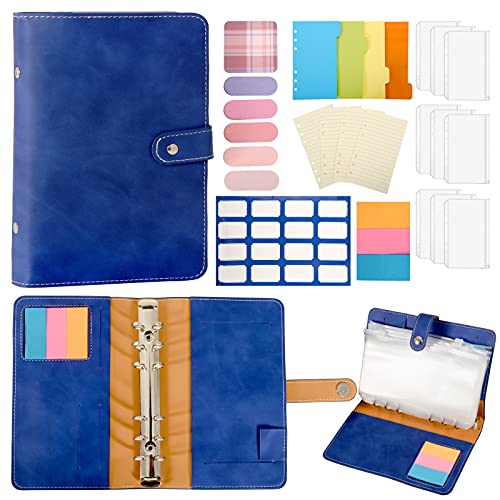 LAOYE Classeur A6 en PU Cuir - Lot de 46 Enveloppe Budget à 6 Anneaux avec 12 Cahier Pochette Transparente Zippées - Classeur Budget Enveloppe Multifonctionnel pour Agenda Bureau Carte de Visite