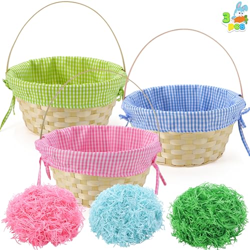 JOYIN 3 PCS Easter Bamboo Baskets with Plaid Lining and Handle and 3 Colors Grass Paper Shreds for...