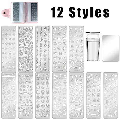 15 In 1 Nail Stamping Plates Set, 12 Nail Stamp Plates With 1 Silicone Nail Stamper 1 Storage Bag And 1 Scraper French Nail Art Stamper Plate Nail Plate Template Image Plate Tools #TOP1