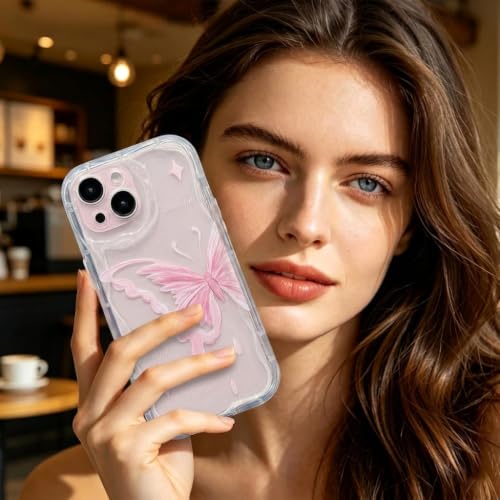 Image of VONZEE Cute Pink Butterfly Transparent Back Cover for iPhone 15| Clear Shockproof TPU Protective Case | Slim Anti-Yellowing Crystal Clear Phone Cover for Girls and Women
