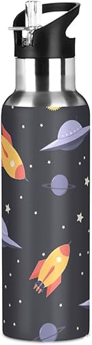 Anyangquji Space & Rocket - Botella de agua deportiva de doble pared aislada al vacío, de acero inoxidable con popote que mantiene el calor y el