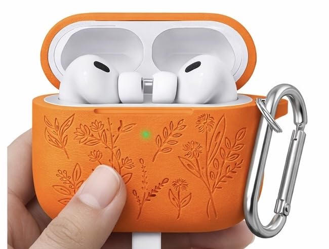 Image of Meyaar Silicone Case for AirPods Pro 3 Floral Embossed, Flower Engraved Soft Silicone Cover with Keychain, Anti-Scratch, Shockproof Protective Case Cover (Orange, for AirPods Pro 3 (2025))