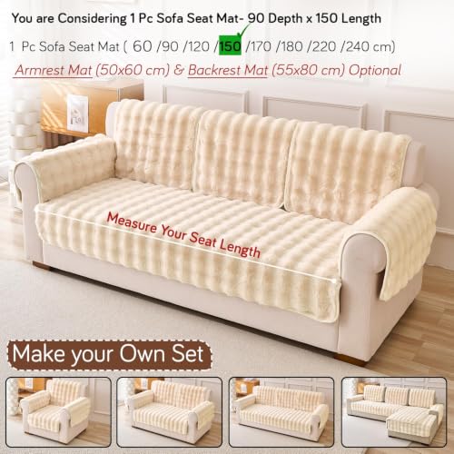 Image of HOKIPO 'FurHug' Premium Faux Rabbit Fur Sofa Cover Mats for L Shape and 1 /2 /3 Seater Sofa. Make Your Own Sofa Cover Set, Mat Length 90(D) X 150(L) Cm, Beige (NEW-AR-5014-Crm)
