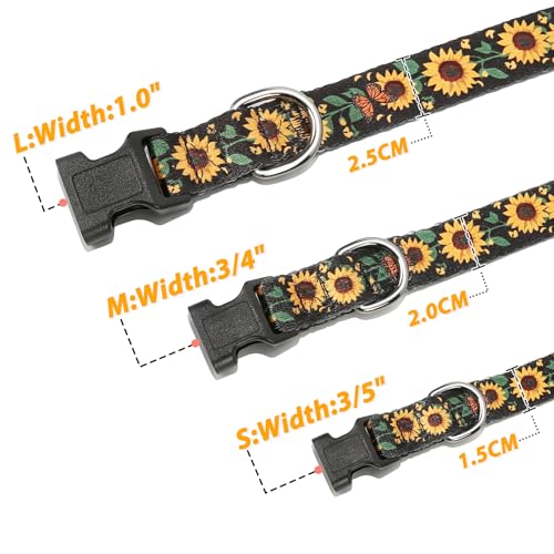 Image of HEELE Dog Collar, Adjustable Soft Dog Collar for Small Medium Large Dogs,Sunflower Floral Patterned Puppy Collars with Quick Release Buckle Sunflower Black S Length 9.84''-14.96'