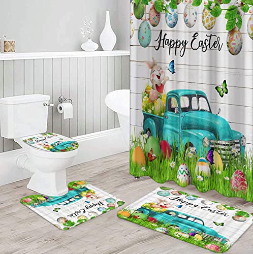 Newsuyaa Easter Day Shower Curtain With Bath Rugs Rustic Bathroom Sets, 4 Piece Cartoon Funny Rabbit Tail Easter Eggs Toilet Lid Cover Mat And Hooks,71 Inch Long Happy Easter Bathtub Decor (Green) #TOP6