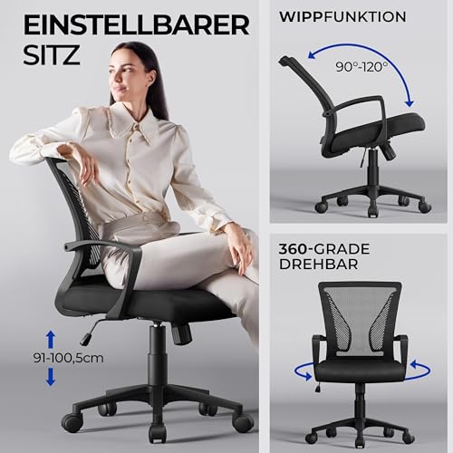 Yaheetech Bürostuhl Ergonomisch, Schreibtischstuhl mit Netzbespannung, Arbeitsstuhl mit Armlehnen, Chefsessel aus Mesh, höhenverstellbarer Computerstuhl 136 kg, atmungsaktiv, Wippfunktion Schwarz