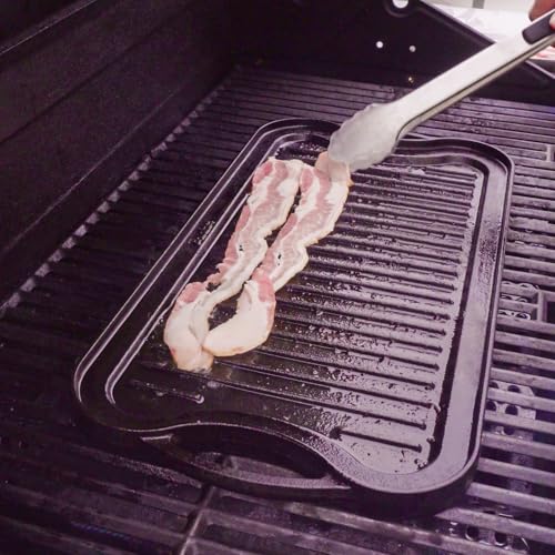 PETKAO Reversible Cast Iron Griddle Plate for Gas Grill, Stovetop Grill Pan for Electric Stove, Pre-Seasoned Grill Griddle Pan for Gas Stove Top 2 Burner, Extra Large Stove Top Grill Plate 20\" x 10.5\"