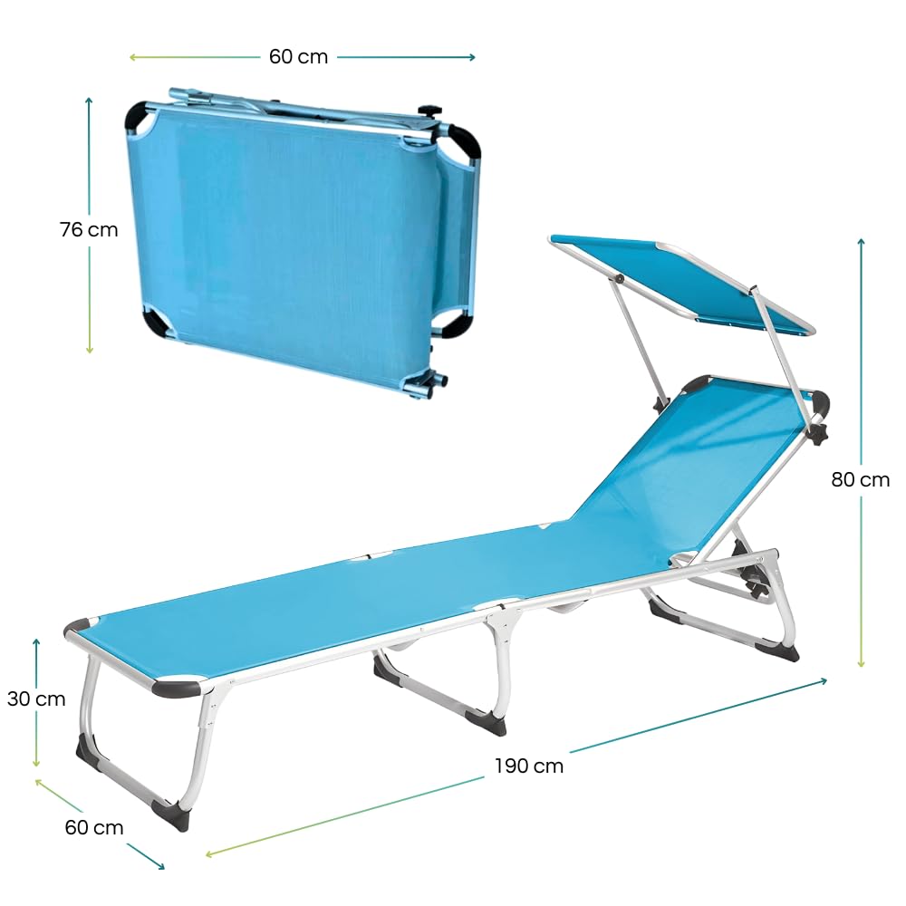 PALUPLUS Lettino Prendisole Pieghevole in ALLUMINIO con Tetto Parasole, Misura 190x60x80 cm, Tessuto Textilene impermeabile, tubolare 25mm per Spiaggia Piscina, Peso Max 120kg -489F-5,4 (Azzurro)
