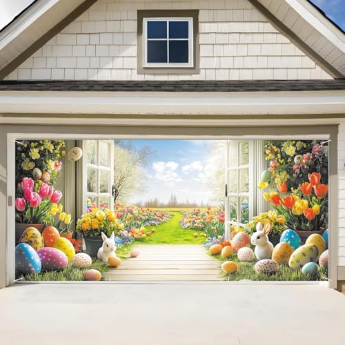 ANNA QUEEN Easter Garage Door Banner 6x13FT, Spring Garden Window Scene with Bunnies and Eggs Garage Door Cover, Large Outdoor Easter Decoration Backdrop for Double Garage Door, Yard, Fence & Photo Booth