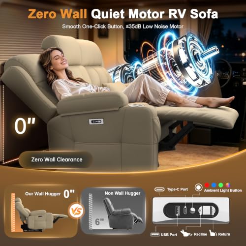 Image of Home Theater Seating, Power Loveseat Recliner Sofa with Massage & Heat, Wall Hugger Reclining Loveseat with USB, RV Couch with LED Lights, Flip Backrest, Cup Holders for Movie Theater & Gaming Room
