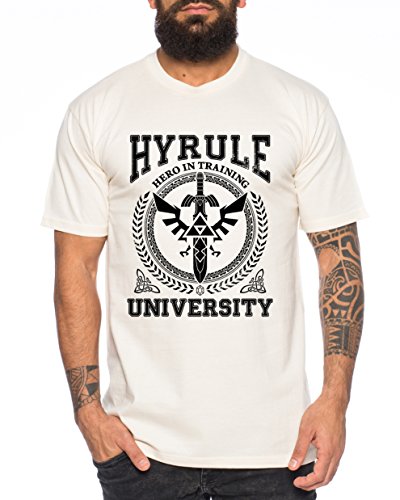 WhyKiki University of Hyrule Camiseta de Hombre Link Wappen Gamer SNES Ocarina, Farbe2:Natural;Größe2:M