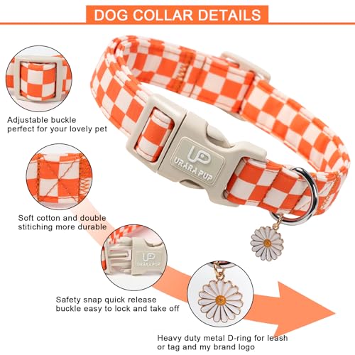 Image of Gingham Fall Dog Collar - Adjustable Orange Picnic Checkered Dog Collar with Daisy Pendant, Classic Autumn Dogs Collars for Girl Boy Dogs