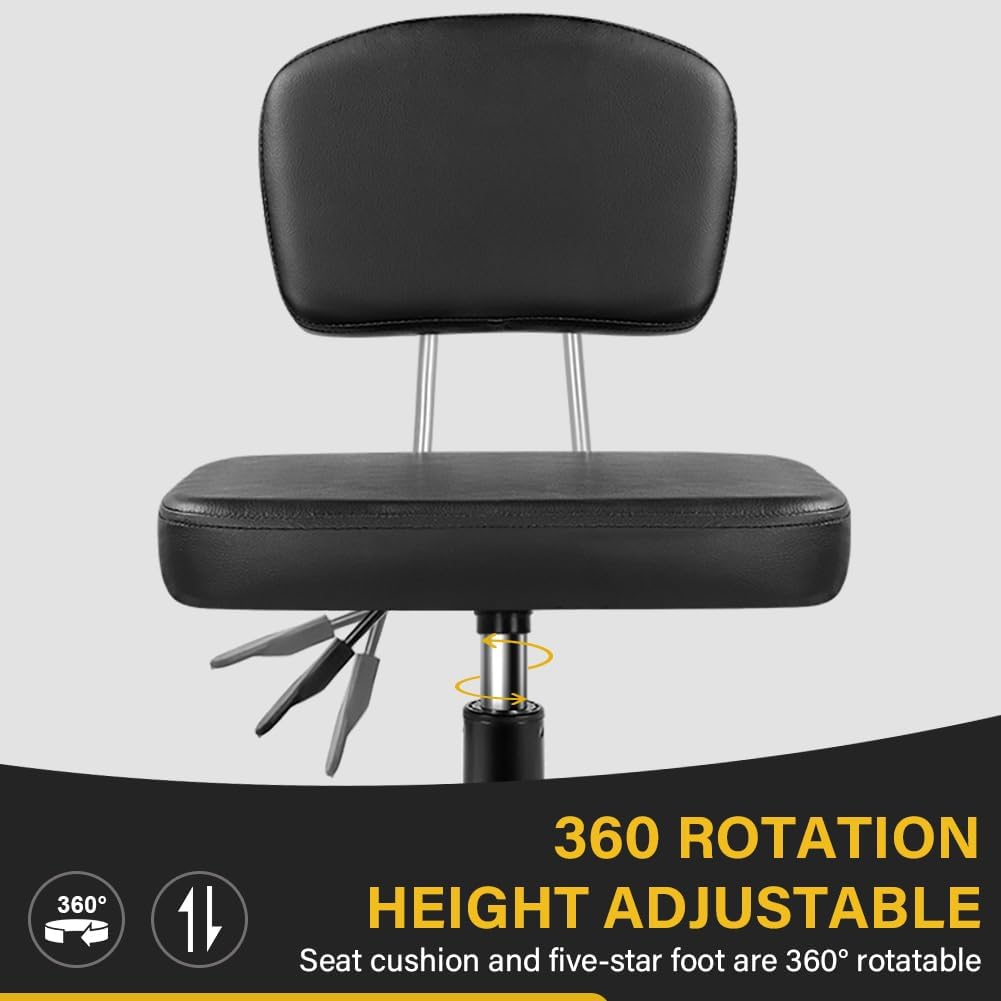 WKWKER Rolling Stool Chair with Backrest Height Adjustable 360° Swivel Stool with Wheels Square Seat PU Leather Rolling Stool for Bedroom Counter Shop Salon Massage Home Office Drafting Work (Black)