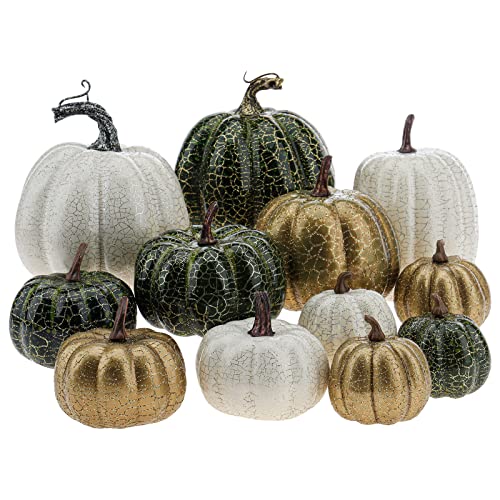 Funzhan 12 PCS Assorted Size Artificial Pumpkins Thanksgiving Realistic Foam Pumpkins Fall Harvest Decoration for Halloween Home Kitchen Table Party Supplies
