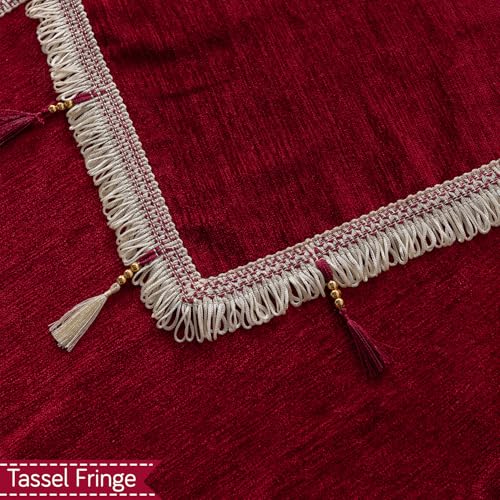 Image of HOKIPO 'Serenity Tassel' Chenille Sofa Cover 6 Seater Set with Tassels - Washable 3+2+1 Sofa Cover Mat | Crimson Ruby (IN-890 + IN-891 + IN-892 - MRN)