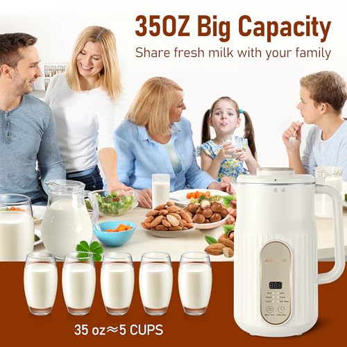Nut Milk Maker, AlfaBot N2 Automatic Almond Milk Machine for Homemade Plant-Based Milk, Oat, Soy, Yogurt, 5 Modes/35OZ Big Capacity Soy Milk Maker with Delay Setting and Self Cleaning (White)