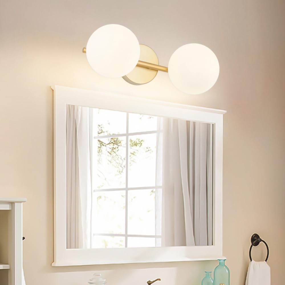 XINYASEE Aplique de baño dorado, lámpara de tocador moderna con pantalla de cristal opalino, adecuada para baño, pasillo, vestíbulo. (Dos cabezas)