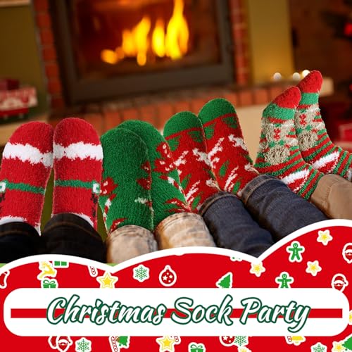 Image of Haysandy 6 Pairs Christmas Fuzzy Socks Gifts Bulk Xmas Holiday Fluffy Socks Women Men Kids Winter Warm Slipper Socks
