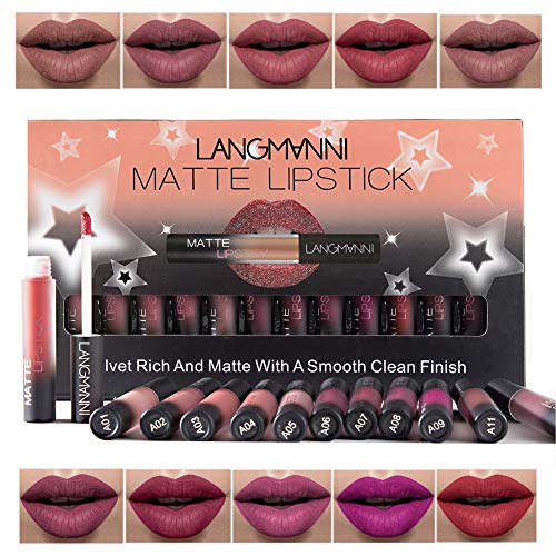 12 Colours Lipgloss Set For Women,ROMANTIC BEAR Waterproof Long-Lasting Moisturizing Matte Nude Liquid Lipstick Gift Kit (A)