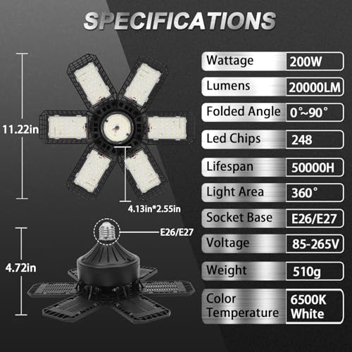 2 pack garage light 200w 20000lm 6500k led shop lights garage lights ceiling led with 61 deformable panels screw in e26e27 socket bulb for warehouse workshop basement barn lighting