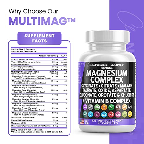 Magnesium Complex 2285Mg With Magnesium Glycinate Citrate Malate Oxide Taurate Aspartate Gluconate Orotate & Mag Chloride, Zinc Copper Manganese & Vitamin C B1 B2 B6 B12 Complex - 90 Count Made In Usa #TOP3