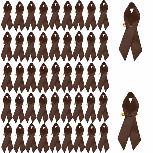 Image of 100pcs Brown Ribbon Satin Pins, Cancer Awareness Ribbon Pins Hope Faith Awareness Brooch for Party Event Supplies Clothing Decoration, 7.5cm