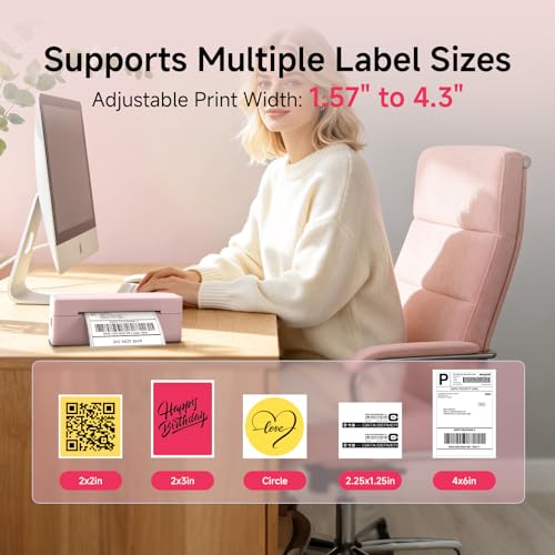 Image of Bluetooth Thermal Shipping Label Printer with Stand and 500 Sheets Fanfold Thermal Labels for Small Business (Pink