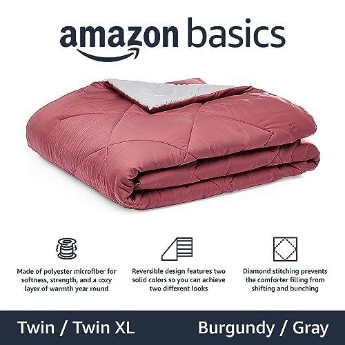 Image of Amazon Basics Reversible Lightweight Microfiber All Season Comforter Blanket, Twin /Twin XL, Burgundy /Grey (Pack of 2)