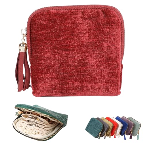 Jewelry Organizer Pouch with 8 Individual Compartments - Small Velvet Jewelry Travel Bag for Women, Tangle-Free Case for Necklaces Earrings Rings & Healing Crystals, Tassel Zipper (Wine red)