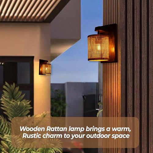 Image of Ikari Homes Rustic Wooden Wall Lamp I Cylindrical Raffia Shade I Vintage Wall Lamp I Boho Rattan Wall lamp for Bedroom /Balcony /Living Room /Outdoor /Entrance - Size 10 x 5 in (Rattan Square Mesh)