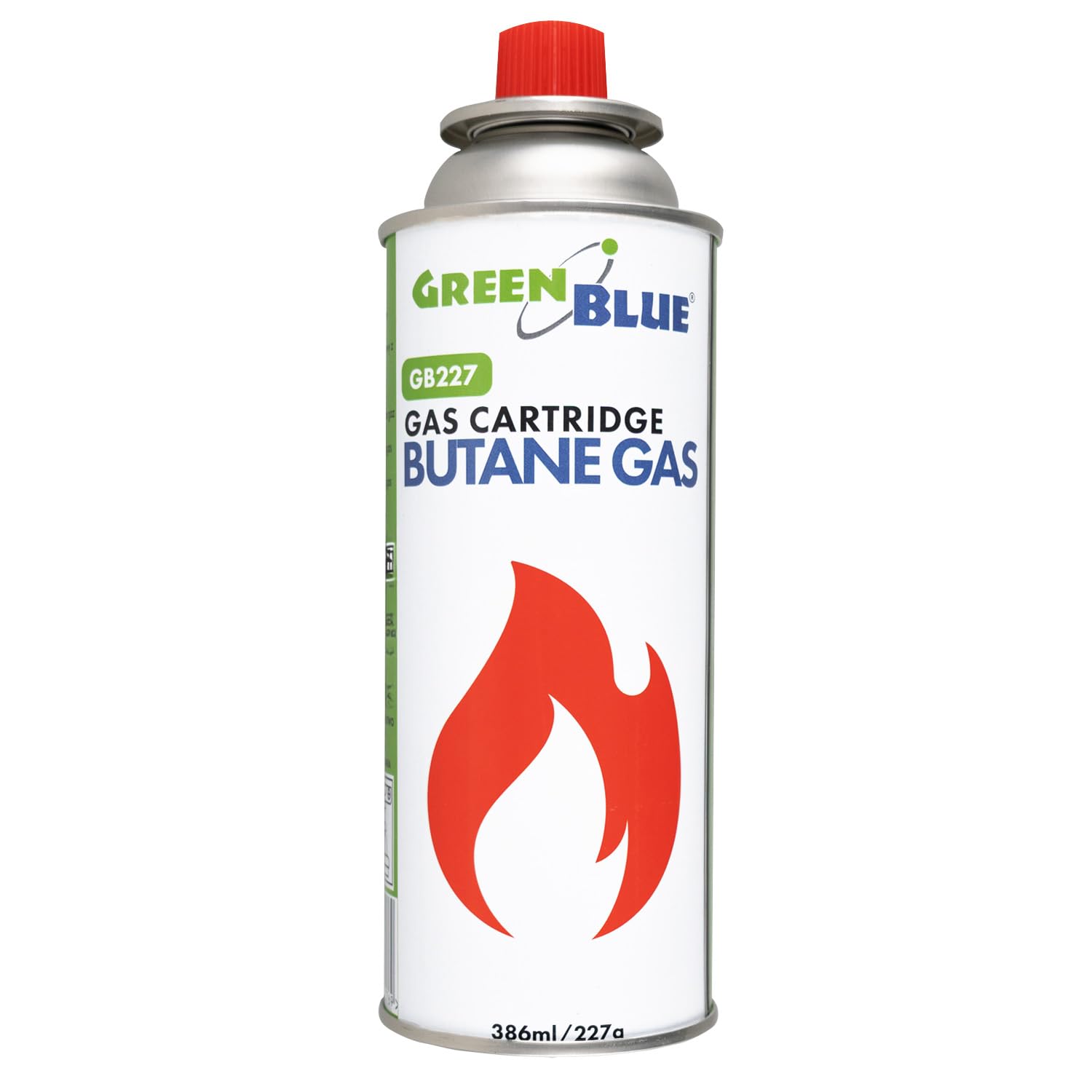 Green Blue GB227 Gaskartusche 227 g (386 ml) Butan, EN417, mit Gewinde, automatisches Ventil, wiederverwendbar, für Campingkocher | Einsatzbereich: -10 °C bis +40 °C (56, farblos)