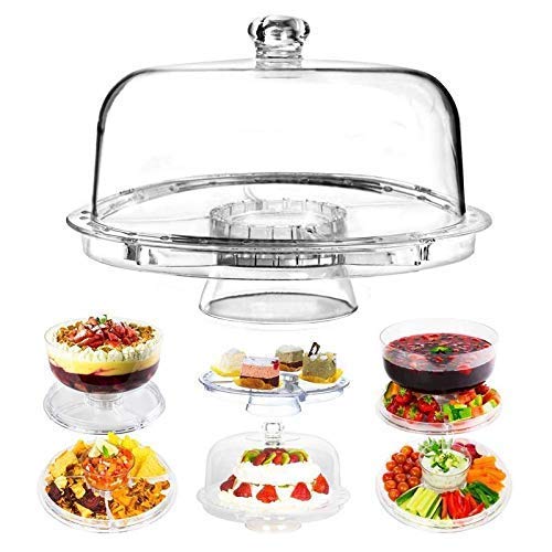 Image of Acrylic Cake Stand with Transparent Dome 6 in 1 Multi-Functional Serving Platter and Cake Plate for Cake Holder, Salad Bowl, Platter, Punch Bowl, Desert Platter, Nachos & Salsa Plate