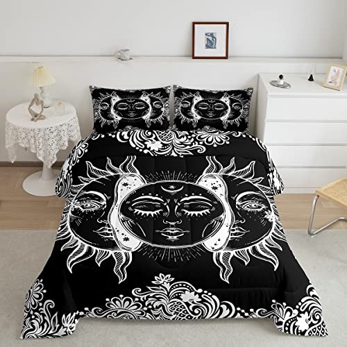 Sun and Moon Comforter Set King Size Boho Exotic Style Bedding Sets for Adult Women Teens Black White Bohemian Mandala Decor Down Comforter, Bohemian Botanical Floral Quilted Duvet with 2 Pi