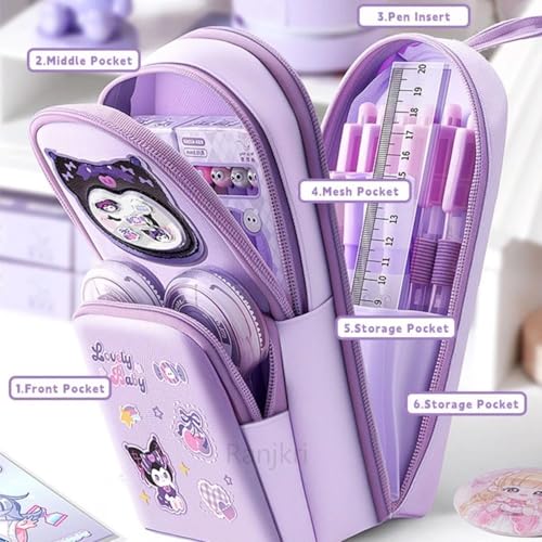 Image of Cute RABIT Pencil Pouch for Girls Large Capacity Pen Bag with 3 Layers & 6 Pockets Multi-Functional Hanging Pencil Case for Kids, Students & Office Use Pink Aesthetic Stationery Organizer