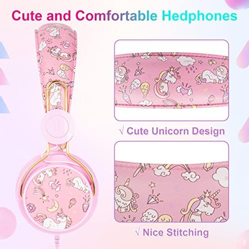 Kids Headphones, Cute Unicorn Childrens Headphones Wired with Microphone, Adjustable Toddler Headphones Over-ear for Girls Age 3-12, Headphones for School/Plane/Fire Tablet, Unicorn Gifts for Girls