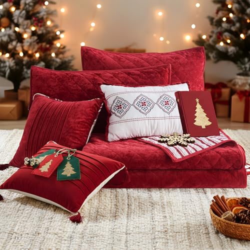 Image of Wonderful Christmas Cotton Stripe Quilt 5-Piece Set,King Luxury Red Velvet Quilt Set,All-Season Breathable Bedding with 2 Elegant Cushions,Versatile for Bedroom, Fit for Adults, Teens & Kids,104 inchx94 inch