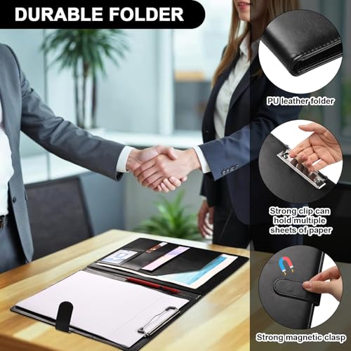 Klemmbrett A4 mit Deckel, PU-Leder Klemmbrettmappe Schreibmappe Klemmbrett mit Schreibblock Dokumentenfächern Stifthalter Magnetverschluss Konferenzmappe A4 für Bürobedarf Schule (Schwarz)