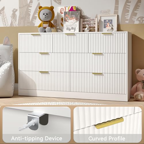 Image of White 7 Drawer Dresser for Bedroom, 55 inch Wide Fluted Dresser with Gold Handles, Modern Chest of Drawer for Bedroom, Closet, Living Room, Entryway, Hallway, White