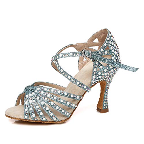 HIPPOSEUS Women's Classic Shiny Rhinestones Latin Dance Shoes - Cross-Strap Ballroom Wedding Party Dance Performance Sandals, Turquoise, 6.5 B(M) US
