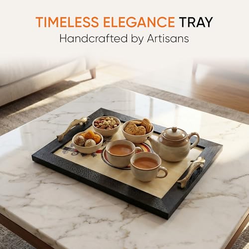 Image of Aakriti Art Creations' Fusion Art Tray, Serving Platter for Tea & Snacks | Hand-Painted Madhubani Art with Matte Finish, Handcrafted Metal & Wood Decorative Tray with Handles| Snacks Tray Set